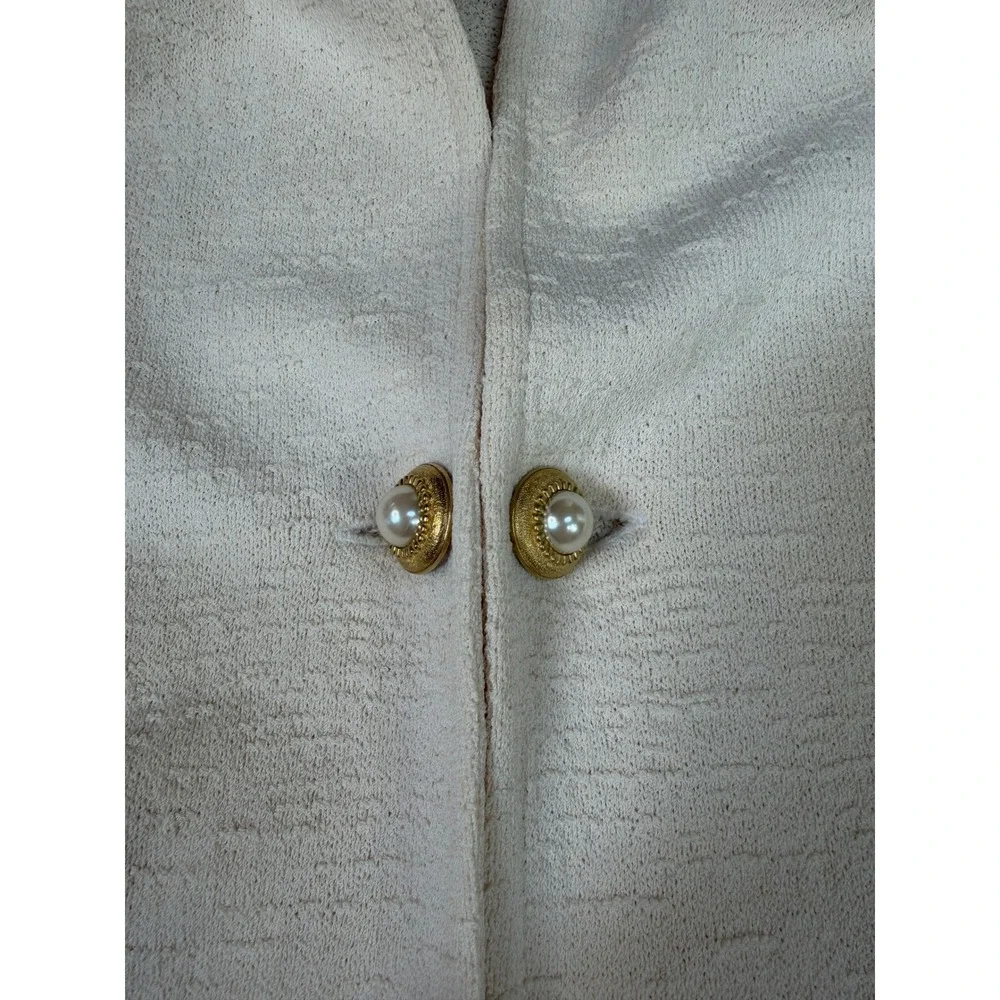 St John Cream Textured Knit Blazer Jacket Gold Pearl Button Flare Sleeve Size 14